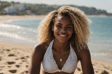 black woman in bikini on the beach