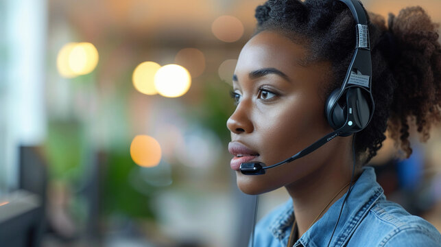 customer service representative wearing a headset, actively listening and taking notes, capturing the focus on understanding customer needs