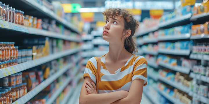 customer looking at an array of product choices in a retail store, showing a variety of emotions from confusion to satisfaction