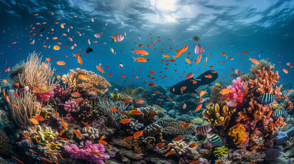 coral reef teeming with marine life, captured in brilliant colors and fine detail, showcasing the growth and diversity of an underwater ecosystem