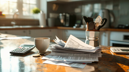 stack of overdue utility bills and final notices on a kitchen counter, with a coffee cup and a calculator beside them, morning light streaming in, highlighting the severity of the financial situation