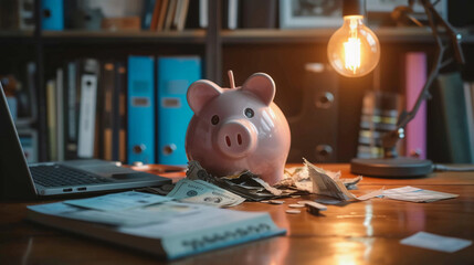 empty piggy bank broken open on a table, surrounded by financial planning books and a laptop showing a negative bank balance, a single lightbulb overhead casting shadows, symbolizing financial ruin - obrazy, fototapety, plakaty
