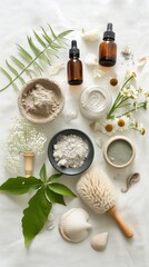 Fototapeta na wymiar A serene flatlay featuring natural skincare products, green clay powder, wooden brushes, and fresh green leaves, capturing a sustainable beauty routine.
