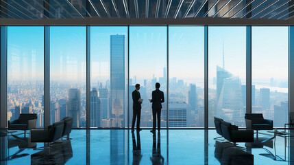 interview scene in a skyscraper office, panoramic cityscape view through glass windows, two professionals in business attire, one reviewing a resume, tense yet hopeful atmosphere, elegant, modern offi