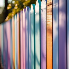 close-up of a fence made of multi-colored boards