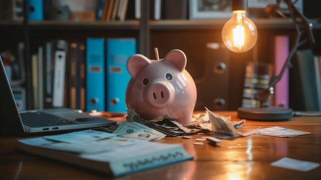 empty piggy bank broken open on a table, surrounded by financial planning books and a laptop showing a negative bank balance, a single lightbulb overhead casting shadows, symbolizing financial ruin