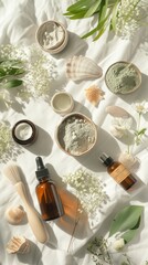Obraz na płótnie Canvas A serene flatlay featuring natural skincare products, green clay powder, wooden brushes, and fresh green leaves, capturing a sustainable beauty routine.