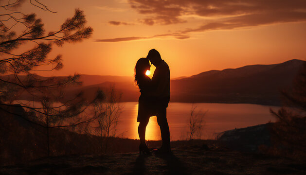 Recreation of a lover couple loving each other at sunset