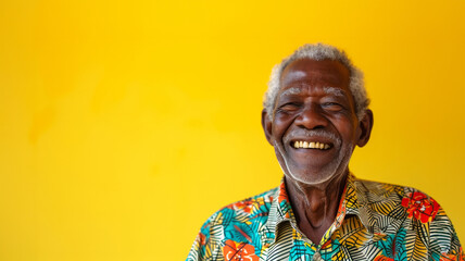 Happy african american senior man looking at camera. Photo of retired old man shiny smile excited wear colorful clothes isolated yellow color background. gray-haired senior hipster - obrazy, fototapety, plakaty