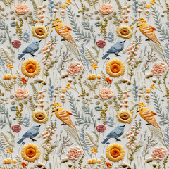 Naklejka premium Fabrics embroidered seamless patterns of Bird and Wildflowers pastel color tones for various creative lovers and home decorating enthusiasts.NO.01