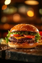 Burger, posé sur une ardoise, salade steak, tomate, bacon, illustration ia générative