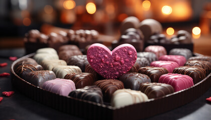 Recreation of a pink bonbon chocolate with heart shape - obrazy, fototapety, plakaty