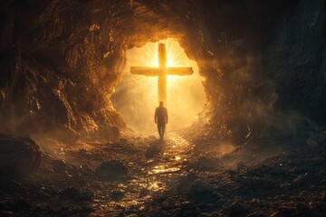 As the heat of the flame flickered against the cave walls, a lone figure ventured deeper into the darkness, their cross serving as a guiding light in the night - obrazy, fototapety, plakaty