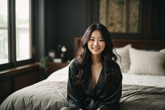 young asian woman in bedroom morning