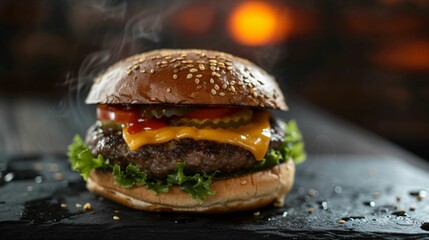 Burger, posé sur une ardoise, salade steak, tomate, bacon, illustration ia générative - obrazy, fototapety, plakaty
