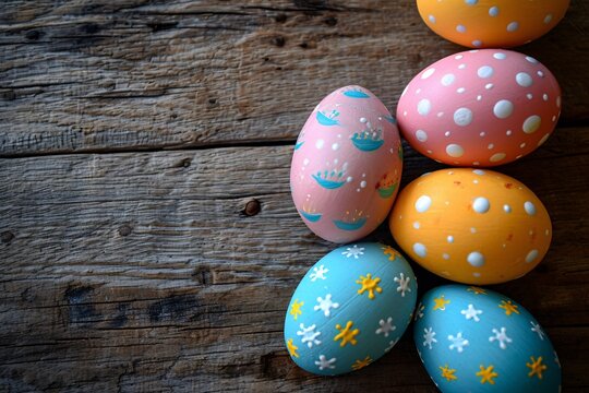 Vibrant easter eggs adorn a rustic wooden background, symbolizing the joy and creativity of egg decorating during the holiday season