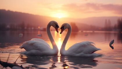 Recreation of two white swans with their necks forming the figure of a heart - obrazy, fototapety, plakaty