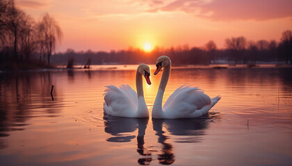 Recreation of two beautiful white swans in a lake at sunset - obrazy, fototapety, plakaty