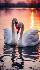 Vertical recreation of two white swans in a lake at sunset