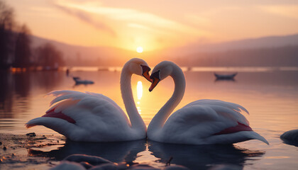 Recreation of two white swans with their necks forming the figure of a heart at sunset - obrazy, fototapety, plakaty