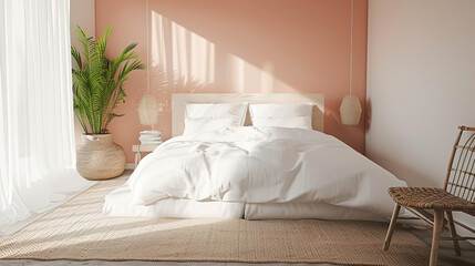 Fototapeta na wymiar Bedroom in the Trending color of 2024. Peach tones. Bedroom design.