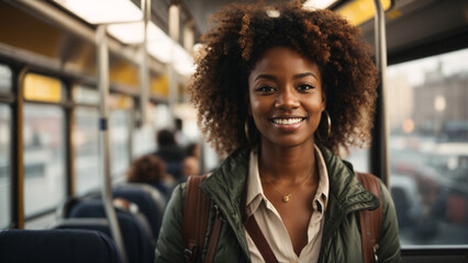 happy adult woman in the bus - obrazy, fototapety, plakaty