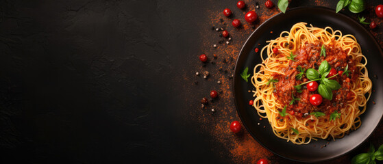 italian spaghetti pasta with tomatoes in a plate. Copy space for text