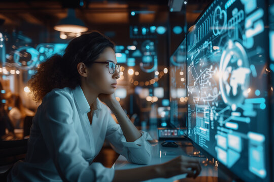 A concentrated data analyst with glasses delves into complex digital data streams and analytics on a high resolution computer screen.
