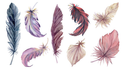 Hand drawn watercolor illustration bird feather plume quill boho tribal ethnic indian. Set of objects isolated on white background. Design for charm, scrapbooking, dreamcatcher, handmade craft, tattoo