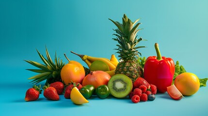Various Fruits and Vegetables on Blue Background - Fresh Harvest


