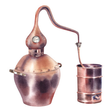Watercolor moonshine still. Alambique for the production of alcohol, whiskey, gin. A copper distiller. Vintage hand-drawn illustration. The production of wine drinks.