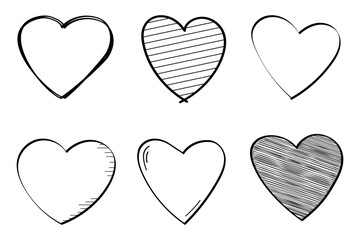 Set of six love hearts scribble style