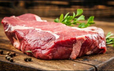 A fresh piece of raw beef on the table. On a wooden background