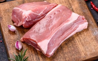 A fresh piece of raw pork on a cutting board