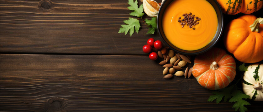Pumpkin soup with pumpkin and autumn leaves on a wooden table, top view. Copy space for text