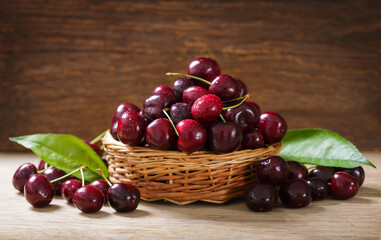 bowl of fresh cherries on wooden background