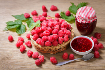 Raspberry jam and fresh fruits
