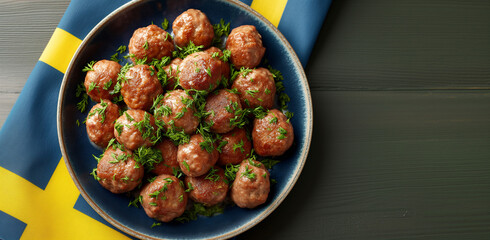 Golden brown Köttbullar, the famous meatballs, present themselves as a delicious delicacy on a traditional Swedish plate. The background of the plate reflects a Scandinavian design and Swedish colors. - obrazy, fototapety, plakaty