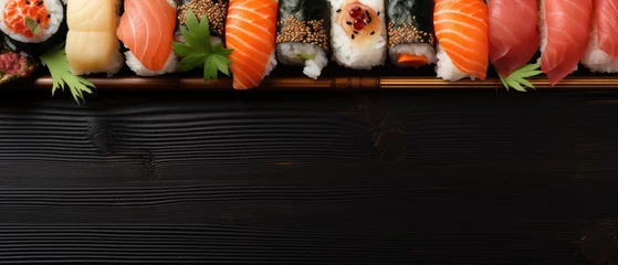 Selbstklebende Fototapeten Row of different sushi on wooden background flat lay, Japanese cuisine. Horizontal banner © Michael