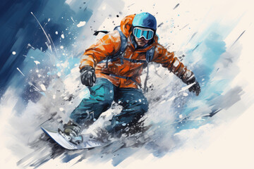 Fototapeta na wymiar Snowboarder going down snowboard on snowy mountain
