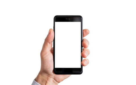 Left hand of a white man holding a black mobile phone and a white screen at a isolate background