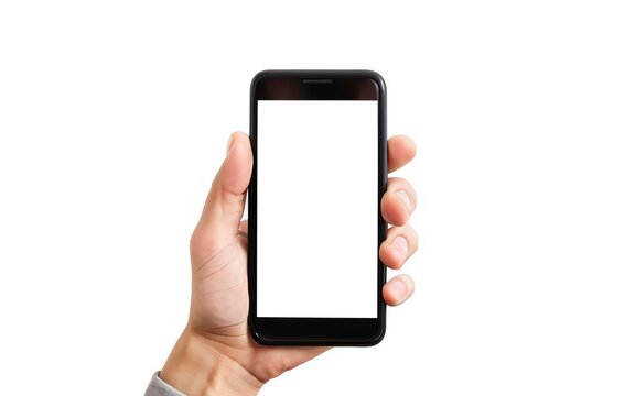 Left hand of a white man holding a black mobile phone and a white screen at a isolate background