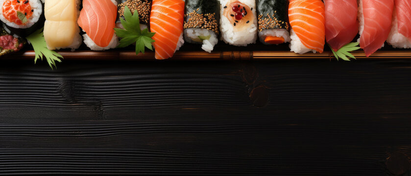 Row of different sushi on wooden background flat lay, Japanese cuisine. Horizontal banner