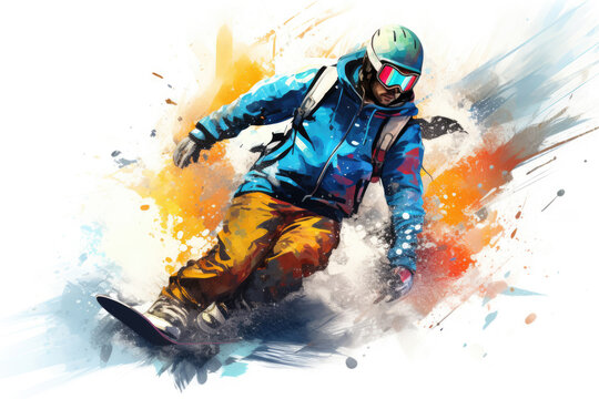 Snowboarder going down snowboard on snowy mountain