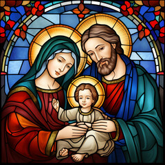 Little Jesus Christ baby with Saint Maria and saint Joseph, stained glass look, christian Icon. Orthodox or catholic illustration of the Holy family, Jesus, Holy Mary and Joseph. 