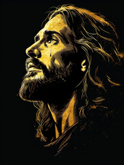 2D vector illustration of Jesus Christ in gold shading on black background. Christian representation of Jesus, closeup portrait. 