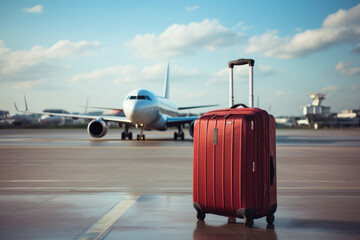 Red suitcase at airport with airplane in background
