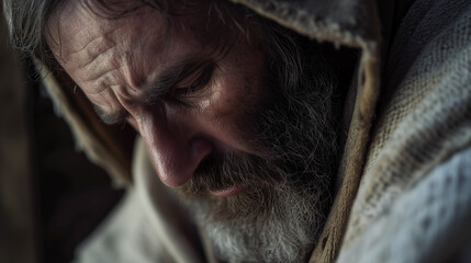 Closeup portrait of a biblical character, sad, looking down. The story of Job in the bible, or one of the Apostles., Peter, Pavel, Judas, John, or other. Old or new testament character. 