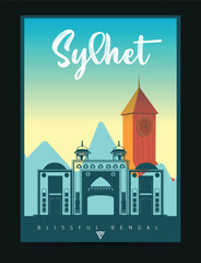 Sylhet city poster illustration with hills surroundings and Mazar.