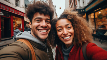 Selfie photo of a happy smiling young couple with backpacks during a trip together enjoying the streets of a European city. Travel and relationships concept. Generative Ai